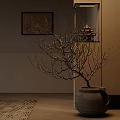 Bonsai Tree in Gray Ceramic Pot with Wall Painting and Glass Display Cabinet