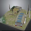 Model Scene With Green Vehicle Solar Panel Roof Building Grassy Ground And White Tree Trunks