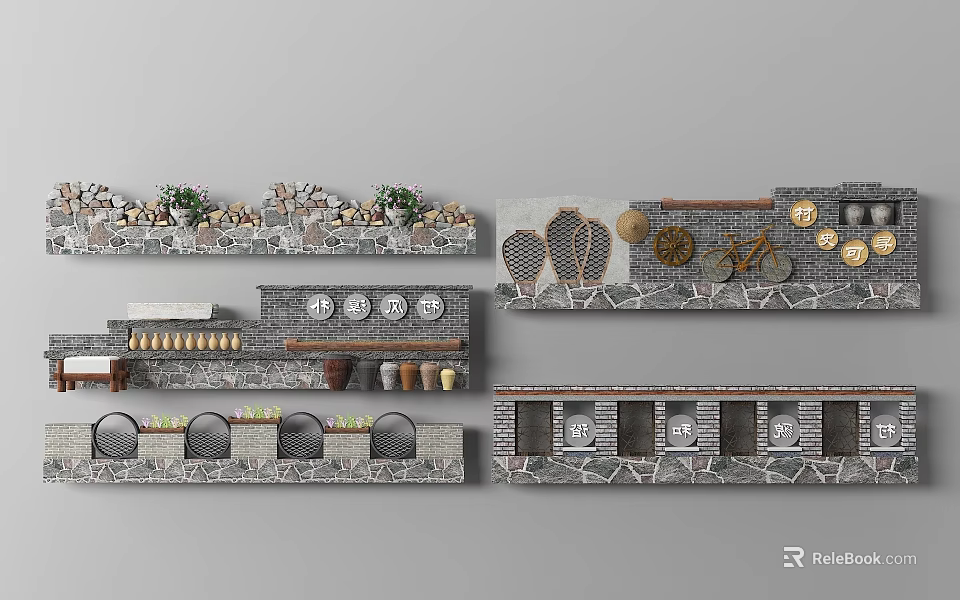 Stone Fence Design Ideas With Decorative Panels Circular Patterns And Plants 3d model