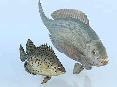 Two Aquatic Fish Large Gray And Small Spotted Swimming On Blue Background 3d model