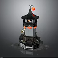 Traditional Multi Layered Tower Architecture With Blue Roof And Red Lantern Decorations