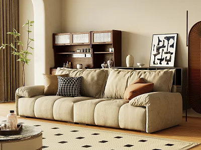 Cozy Beige Two Seater Sofa in Living Room with Pillows Plant and Bookshelf 3d model