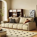 Cozy Beige Two Seater Sofa in Living Room with Pillows Plant and Bookshelf