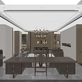 Modern Interior Space With Dining Table Chairs Wine Rack And Decorative Plants 3d model
