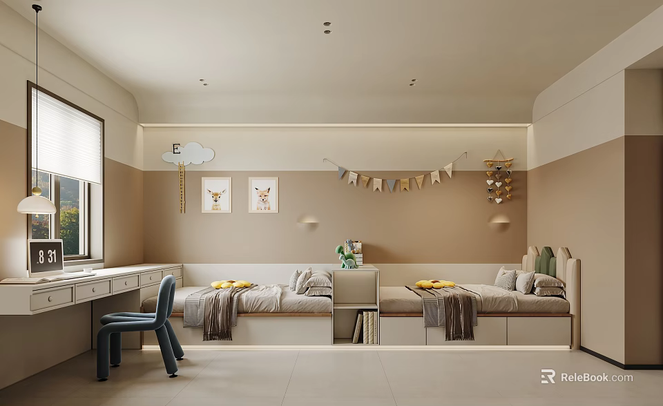 Modern Cozy Kids Bedroom Interior With Two Beds Desk And Decor Elements 3d model