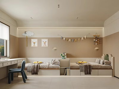 Modern Cozy Kids Bedroom Interior With Two Beds Desk And Decor Elements 3d model