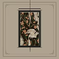 Abstract Painting With White Birds Orange Flowers Dark Background And Black Frame Hanging On Wall