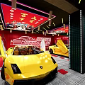 Car Beauty Shop Interior Featuring Yellow Sports Cars Red Neon Sign And Modern Decor