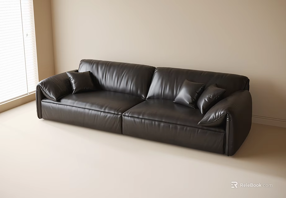 Black Leather Two Seater Sofa With Pillows In Light Colored Room 3d model