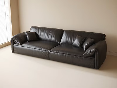Black Leather Two Seater Sofa With Pillows In Light Colored Room 3d model