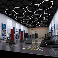 Modern Fitness Gym Interior Design With Hexagonal Ceiling Lights Treadmills Tyres And Punching Bags