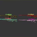 Various Sniper Rifles With Scopes In Different Colors And Tactical Designs