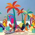 Vibrant Beach Photo Spot With Colorful Palm Trees Surfboards Flip Flops And Fruit Props 3d model