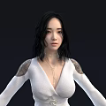 Elegant Woman In White Dress With Long Black Hair And Arms Outstretched Against Dark Background