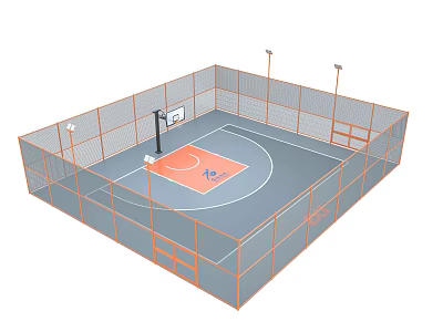 Enclosed Basketball Court with Orange Surface Hoop Fence and Overhead Lights 3d model