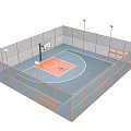 Enclosed Basketball Court with Orange Surface Hoop Fence and Overhead Lights