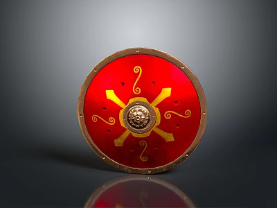Ancient Roman Shield with Red Surface Golden Decorations Central Emblem and Metal Rivets 3d model