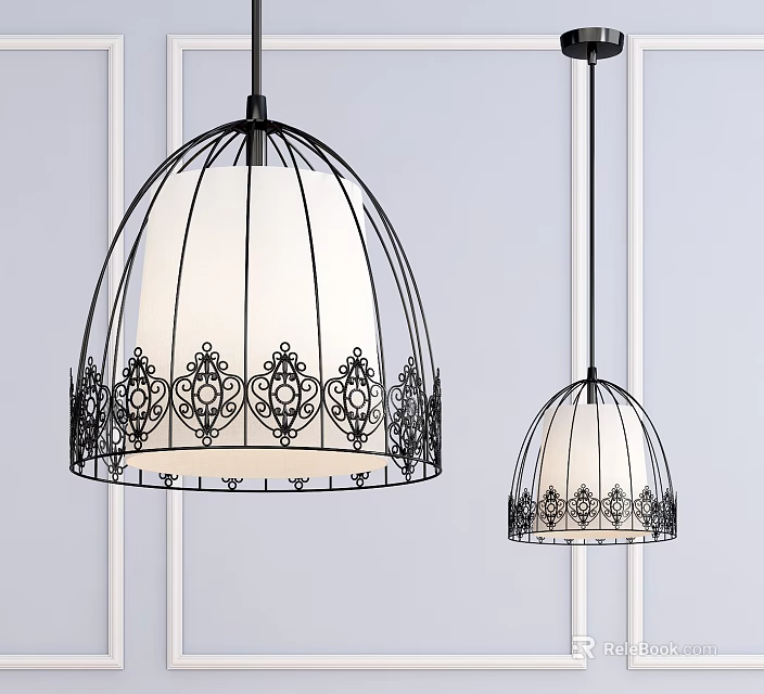 Cage Shaped Pendant Lights With Black Metal Frame And White Ornate Lampshade 3d model 