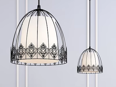 Cage Shaped Pendant Lights With Black Metal Frame And White Ornate Lampshade 3d model