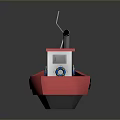 Red Toy Boat with Black Buoys White Cabin Green Door Gray Chimney Antenna on Deck