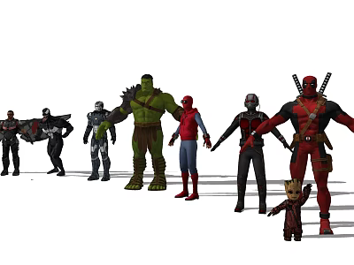 Game and Movie Superhero Characters Standing in Line with Diverse Costumes 3d model