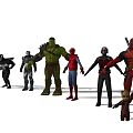 Game and Movie Superhero Characters Standing in Line with Diverse Costumes