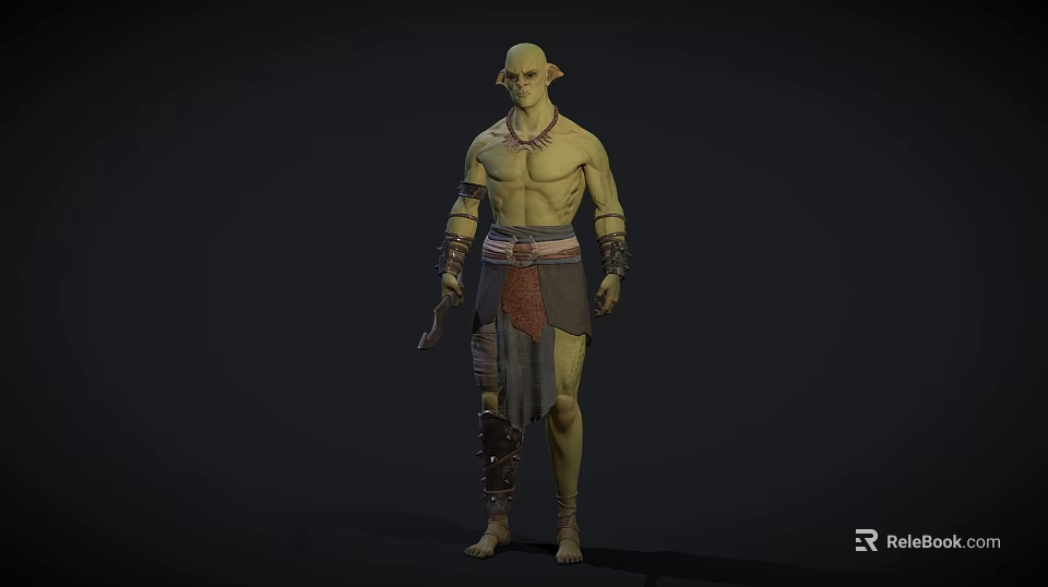 Green Skinned Muscular Man Shirtless With Arm Guards Decorative Belt Holding Dagger In Dark Background 3d model 