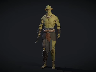 Green Skinned Muscular Man Shirtless With Arm Guards Decorative Belt Holding Dagger In Dark Background 3d model