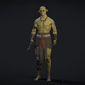 Green Skinned Muscular Man Shirtless With Arm Guards Decorative Belt Holding Dagger In Dark Background