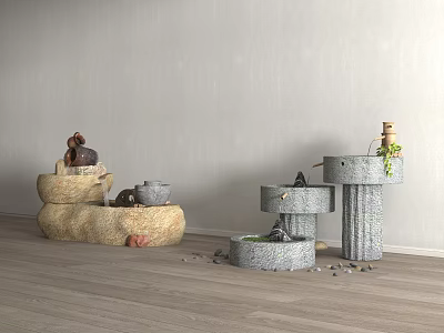 Natural Stone Stacked Water Fountain With Multi Tiered Design Decorative Stones And Small Plants 3d model