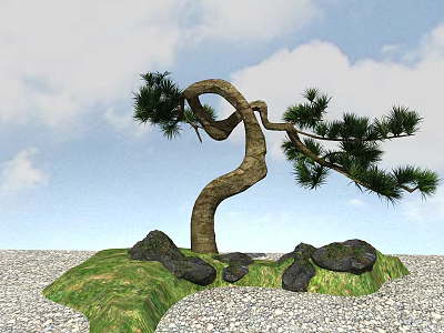 Curved Pine Tree With Green Grass Black Rocks And Blue Sky White Clouds 3d model