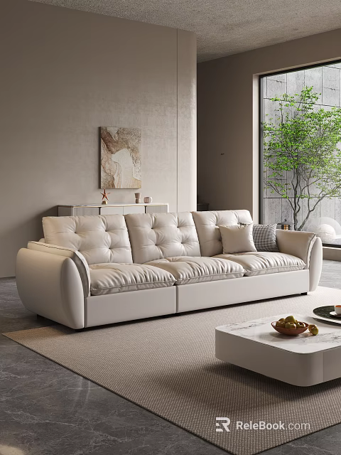 Elegant White Leather Sofa and Coffee Table Set with Wall Art and Green Plant 3d model 