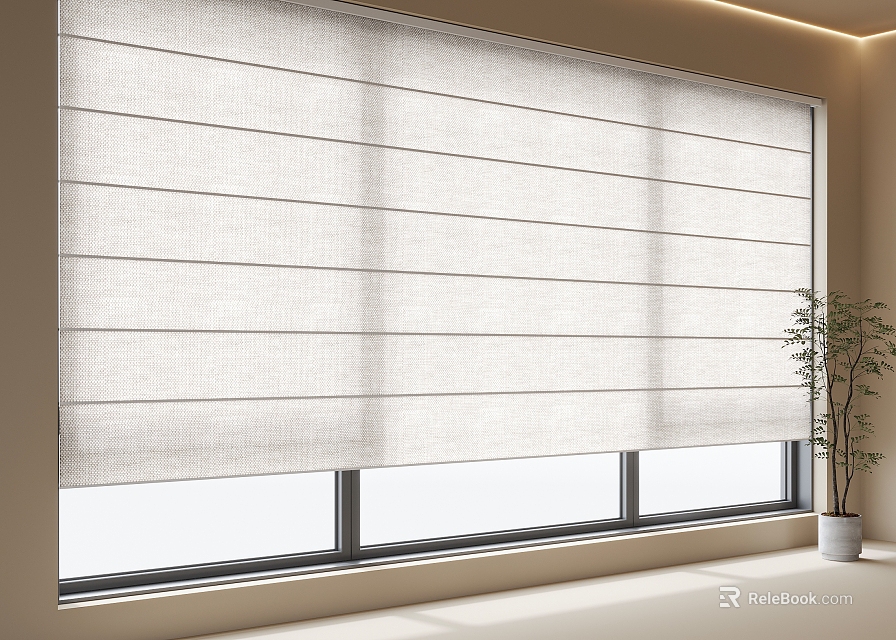 Modern Linen Roman Blinds For Window Interior With Natural Light And Potted Plant 3d model 