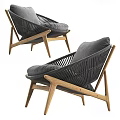Modern Wicker Lounge Chair With Wooden Legs And Gray Cushions Shown In Multiple Angles
