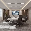 Modern Conference Room Interior With Long Table Black Chairs Large Screen Windows And Carpet