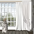 Light Gray Linen Curtains In Modern Room With Large Window And Marble Side Table