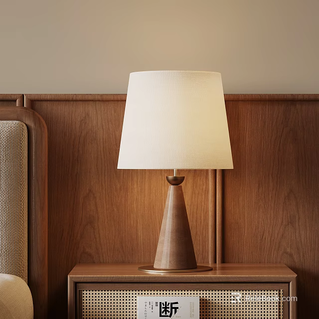 Modern Table Lamp With White Lampshade On Wooden Bedside Table And Wall 3d model 