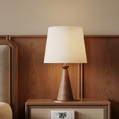 Modern Table Lamp With White Lampshade On Wooden Bedside Table And Wall 3d model