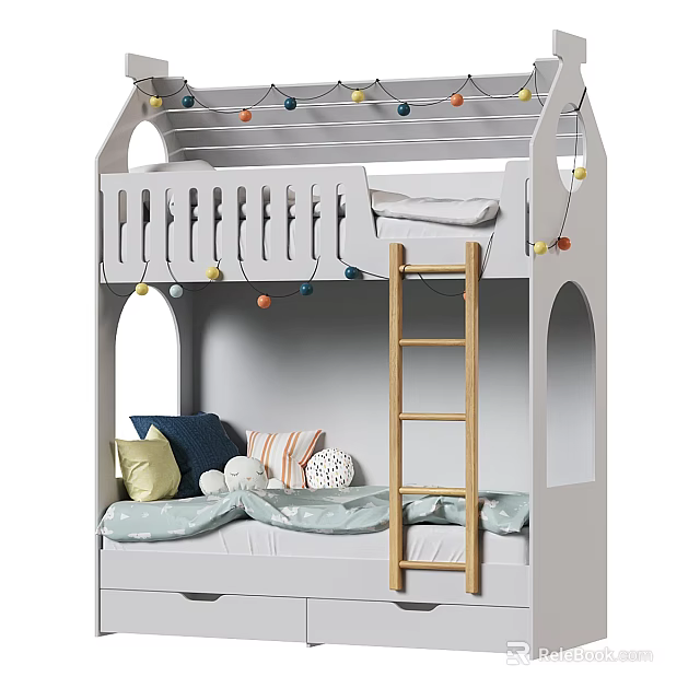 White Bunk Bed with Wooden Ladder Colorful String Lights and Cozy Pillows 3d model 