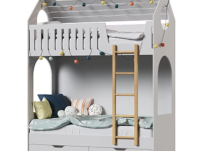 White Bunk Bed with Wooden Ladder Colorful String Lights and Cozy Pillows 3d model