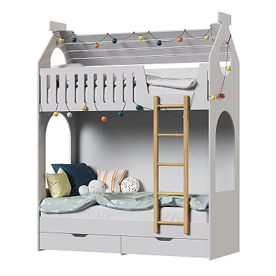 White Bunk Bed with Wooden Ladder Colorful String Lights and Cozy Pillows 3d model