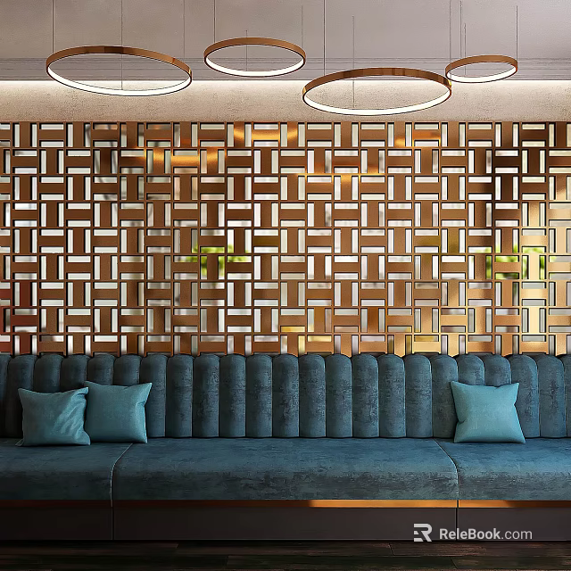 Modern Sofa Background Wall With Geometric Metal Pattern And Navy Blue Sofa 3d model