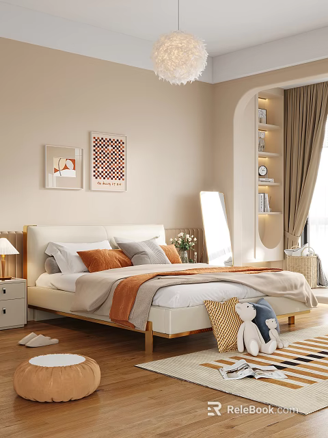 Modern Bedroom Interior with Double Bed Beige Headboard Orange Grey Pillows and Wall Art 3d model 