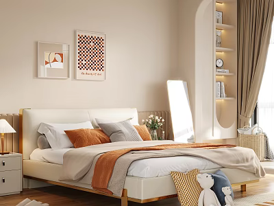 Modern Bedroom Interior with Double Bed Beige Headboard Orange Grey Pillows and Wall Art 3d model
