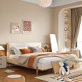 Modern Bedroom Interior with Double Bed Beige Headboard Orange Grey Pillows and Wall Art