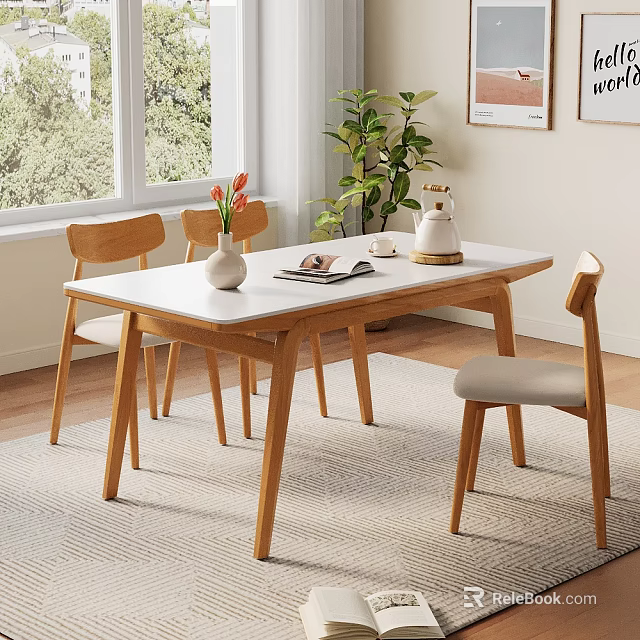 Bright Restaurant Dining Area With Wooden Legs White Table Dining Chairs Flower Vase And Potted Plant 3d model 
