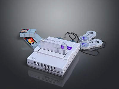 Vintage Retro Gaming Console With White Design Game Cartridge And Controllers On Reflective Surface 3d model