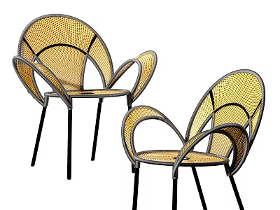 Pair of Modern Outdoor Chairs with Yellow Woven Rattan Black Metal Legs and Armrests 3d model