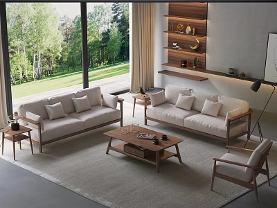Minimalist Modern Sofa and Coffee Table Set with Wooden Frame Natural Light in Living Room 3d model