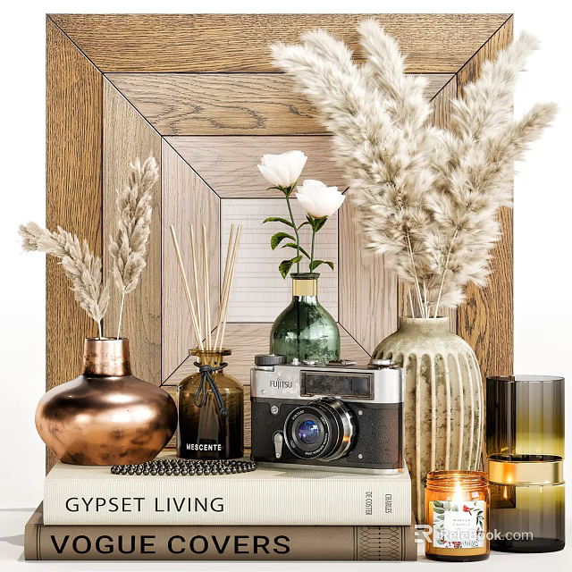 Decorative Ornament Set With Vases Dried Flowers Camera Candles And Wooden Frame Mirror Background 3d model 